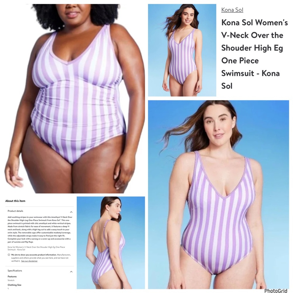 Kona Sol 24W plus size purple white striped one piece swimsuit NWT